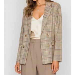 MAJORELLE Rhea Double-Breasted Blazer, Tan Plaid, XL